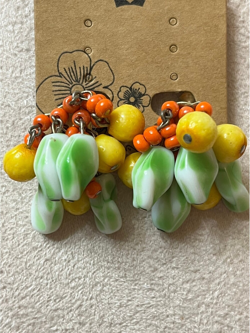 Vintage Accessocraft Clip-On Earrings with Yellow, Orange, and Green Glass Beads